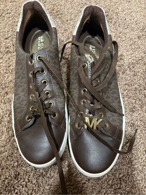 Michael Kors Brown Logo-Print Lace-Up Sneakers with Gold MK Charm